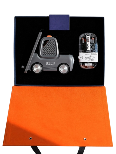 N0140 - Премиальный корпоративный технологический подарочный набор «Офисный драйв»: беспроводная зарядка в дизайне «машинка» + прозрачная мышь под нанесение логотипа