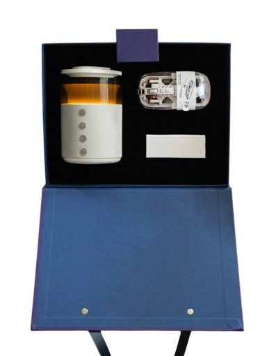 N0142 - Премиальный корпоративный технологический подарочный набор «Рабочий фокус»: беспроводная зарядка‑Bluetooth‑колонка- ночник + прозрачная бесшумная мышь + Подарочная упаковка и нанесение вашего логотипа