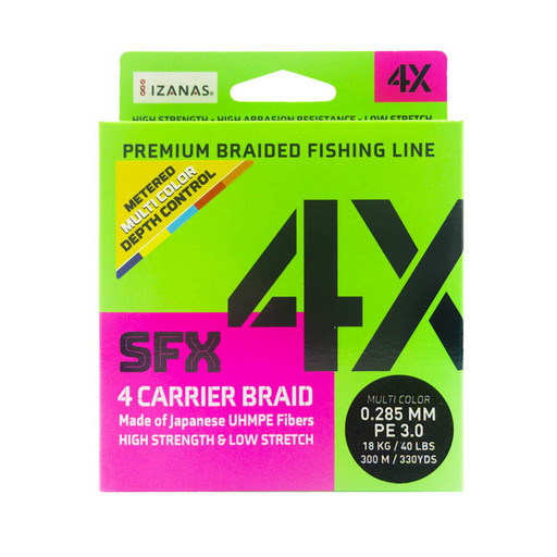 Леска плетеная SFX 4X разноцветная 300 м 0.285 мм 18 кг PE 3