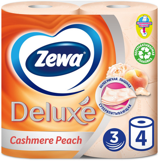 Туалетная бумага Zewa Deluxe Персик 3 слоя 4 рулона