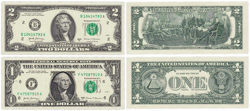 Банкноты 1 и 2 доллара США 2017 года (UNC)