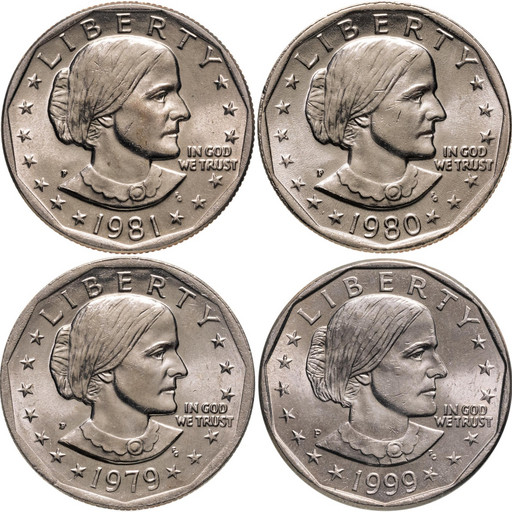 Набор 4 монеты США 1 доллар 1979-1999 «Сьюзен Энтони»