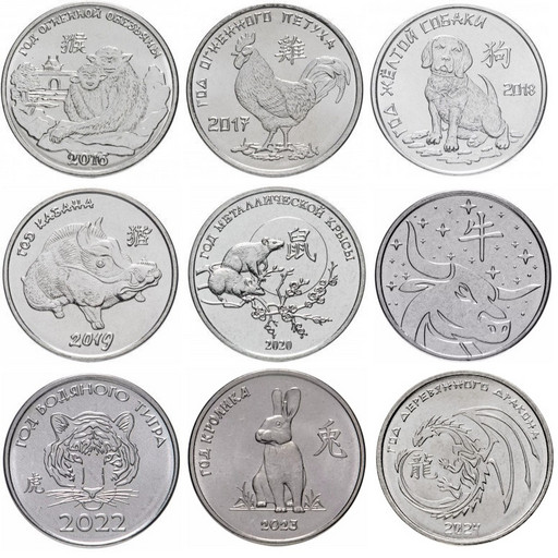 Набор 9 монет 1 рубль Приднестровье 2015-2023 «Китайский гороскоп»