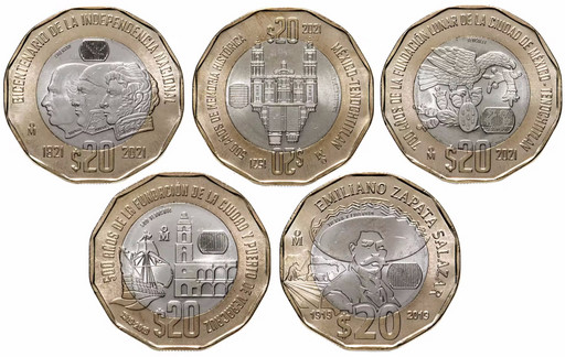 Набор 5 монет 20 песо Мексика 2019-2021 «Юбилейные»
