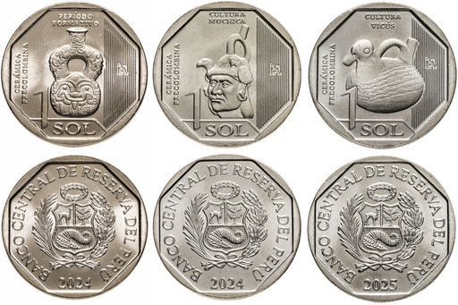 Набор 3 монеты Перу 1 соль 2024-2025 «Доколумбовая керамика»