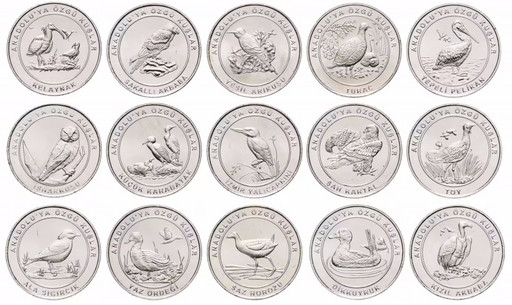 Набор 15 монет 1 куруш Турция 2018 «Красная книга - Птицы»