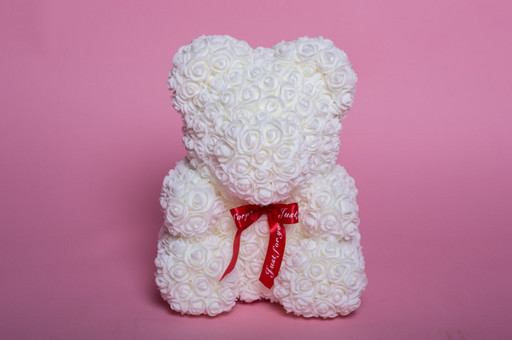 Мишка из роз Wish Mish Bless Белый с лентой 25 см