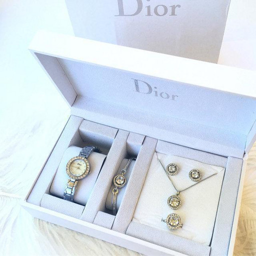 Подарочный набор для девушки DIOR silver, в комплекте: часы/браслет/кольцо/цепочка/серьги, нержавеющая сталь