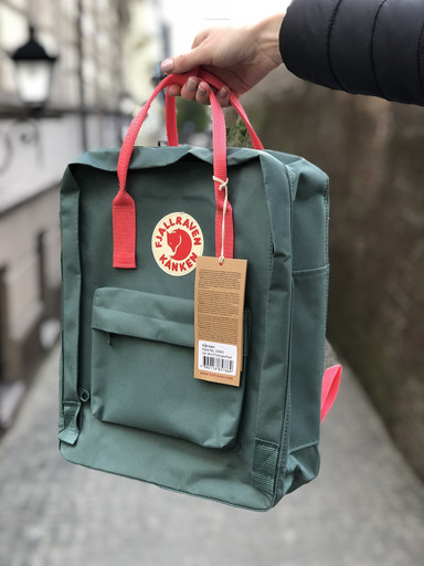 Рюкзак Fjallraven Kanken Bag classic / ПРЕМІУМ ЯКОСТІ / Зелений з рожевими ручками