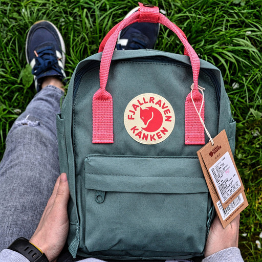 Рюкзак Fjallraven Kanken Bag Mini 8літрів / ПРЕМІУМ ЯКОСТІ / Зелений з рожевими шлейками