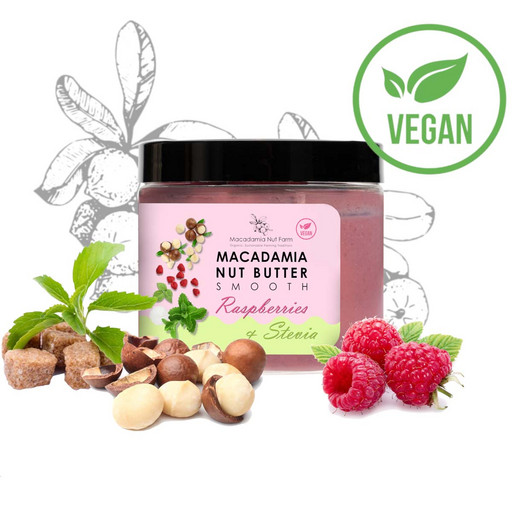 Паста ореховая из ореха Макадамия нежная со стевией и малиной Macadamia Nut Farm, без сахара 180г