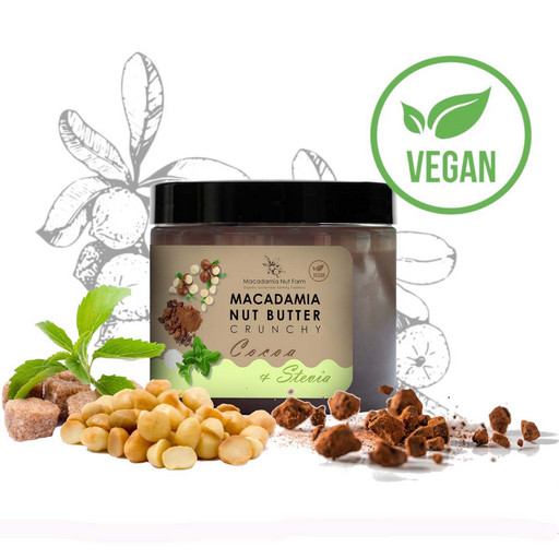 Паста ореховая из ореха Макадамия хрустящая со стевией и какао Macadamia Nut Farm, без сахара 180г