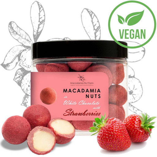 Орехи Макадамии в белом шоколаде с клубникой Macadamia Nut