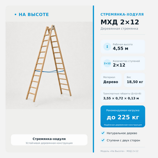 4,55 м Стремянка-ходуля МХД 2х12, «На Высоте» деревянная