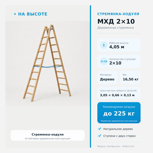 4,05 м Стремянка-ходуля МХД 2х10, «На Высоте» деревянная
