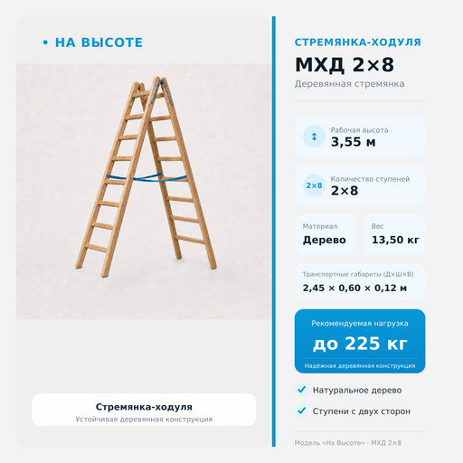 3,55 м Стремянка-ходуля МХД 2х8, «На Высоте» деревянная