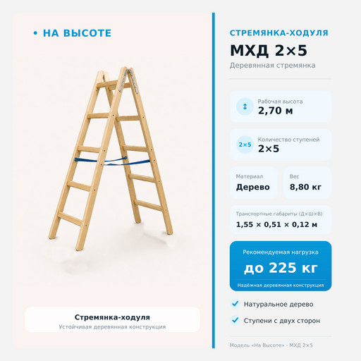 2,75 м Стремянка-ходуля МХД 2х5, «На Высоте» деревянная