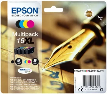 Epson C13T16364010 №16XL T1636 набор картриджей(4шт)для WorkForce WF-2010 2510 2520 2530 2540 2630 2650 2660 CMYK оригинал ресурс 32,4ml 450*3+500 страниц